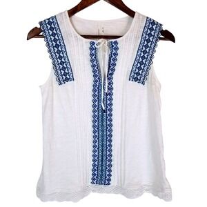 Anthropologie Embroidered Tie Neck Sleeveless Top White Blue XS Vacation Cruise